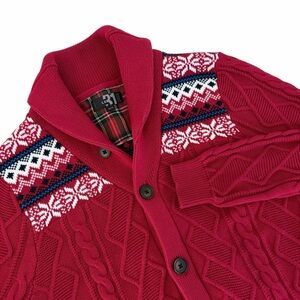 LE 31 SIMONS Red Fair Isle Shawl Collar Cotton Cardigan m